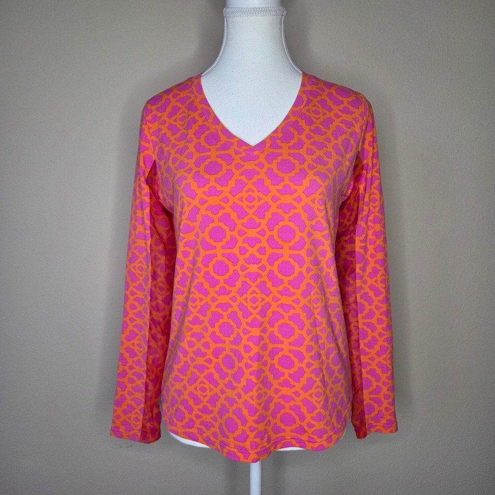 Icikuls Womens Orange Pink Geometric V-Neck Sun Shirt Long Sleeve Mesh Panels S‎